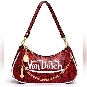 Von Dutch Red Leopard Shoulder Bag Y2K Gold Chain Charm Mini Purse